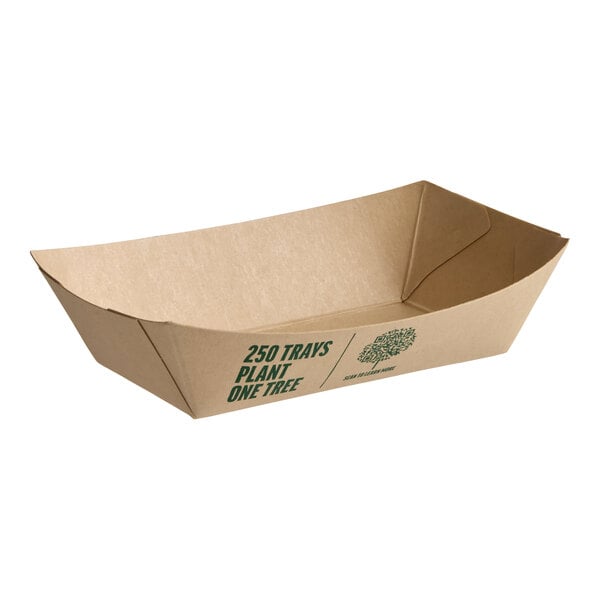 A rectangular, compostable bamboo food tray with printed text on the side.