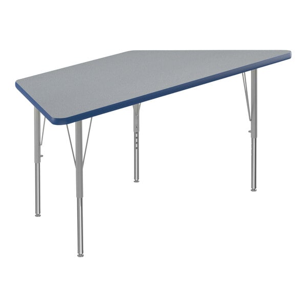 A grey rectangular Correll activity table with blue T-mold and silver legs.