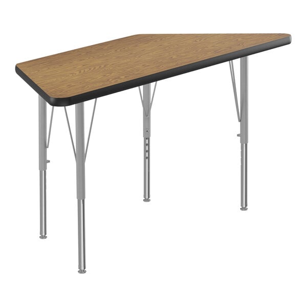 A trapezoid shaped Correll activity table with silver legs and a wooden top.