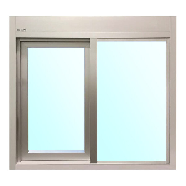 A silver left-to-right manual drive-thru window with 1/4 inch tempered glass.