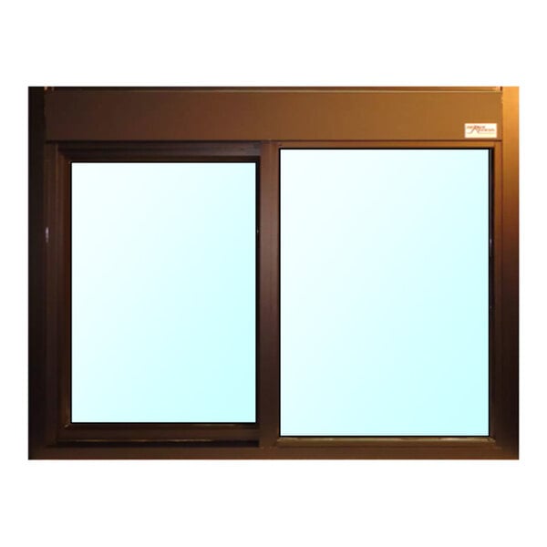 A bronze left-to-right manual drive-thru window with two glass panels and a rectangular frame.