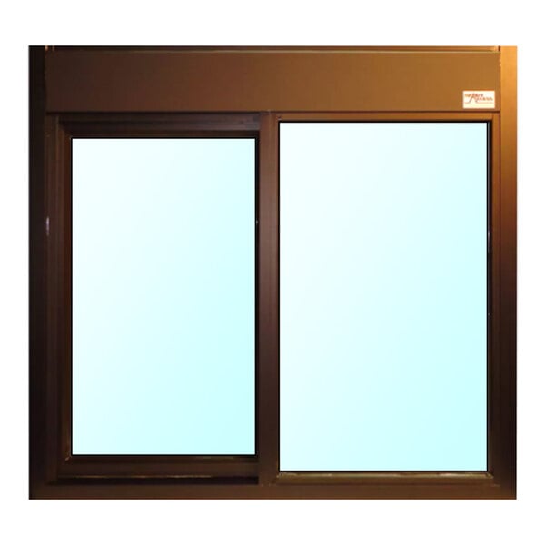 A bronze left-to-right manual drive-thru window with two glass panels and a rectangular frame.