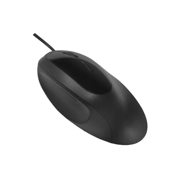 A black Kensington Pro Fit computer mouse with a cord.