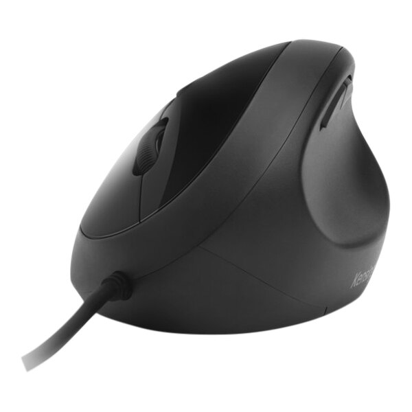 A black Kensington Pro Fit ergonomic computer mouse with a cord.