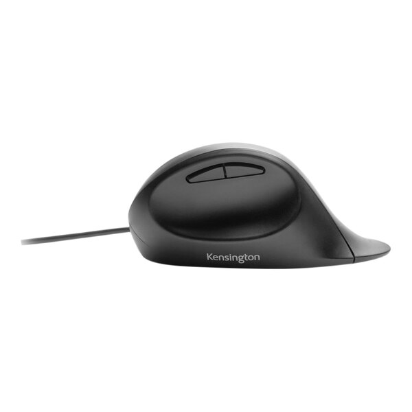 A close-up of a black Kensington Pro Fit ergonomic wired USB mouse.