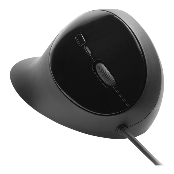 A black Kensington Pro Fit ergonomic wired USB mouse.
