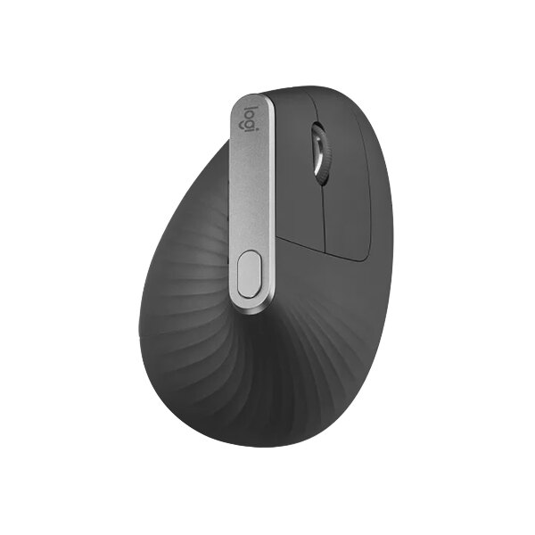 A graphite Logitech Ergo MX Vertical wireless computer mouse with a curved design.