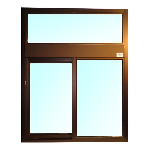 A bronze manual drive-thru window with a left-to-right sliding design, featuring 1/4 inch tempered glass and a 16 inch transom.