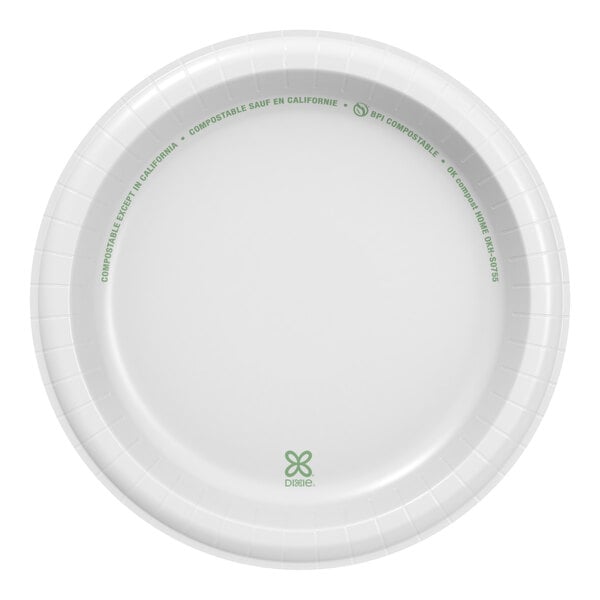 A Dixie Basic white paper plate with green text.