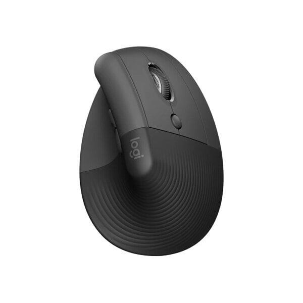 A graphite Logitech Ergo Series wireless vertical ergonomic mouse with a curved edge.