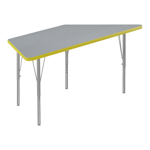 A grey and yellow trapezoid table with a grey top.