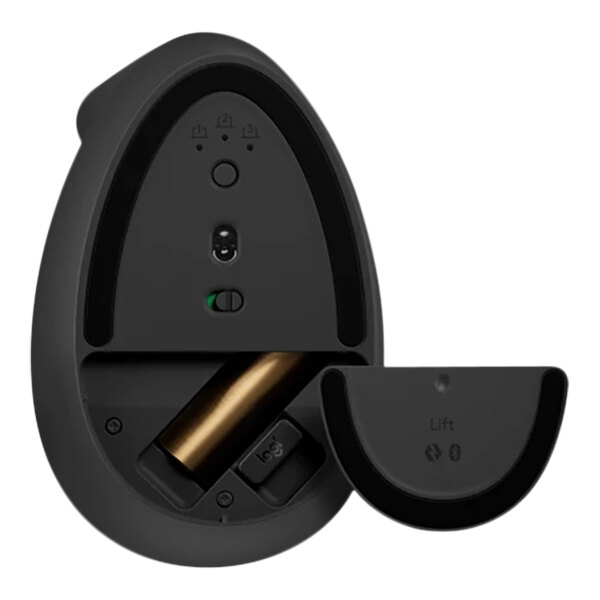A black Logitech Lift Graphite Ergonomic Vertical Wireless Mouse on a white background.