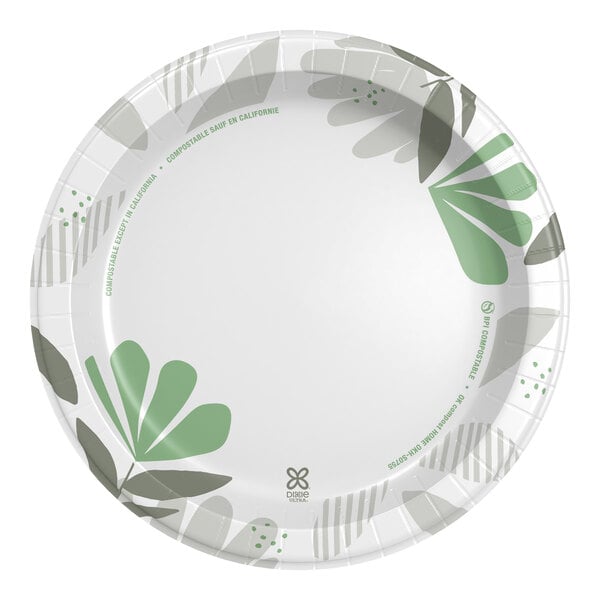 A Dixie Ultra paper plate with a green leaf design on it.