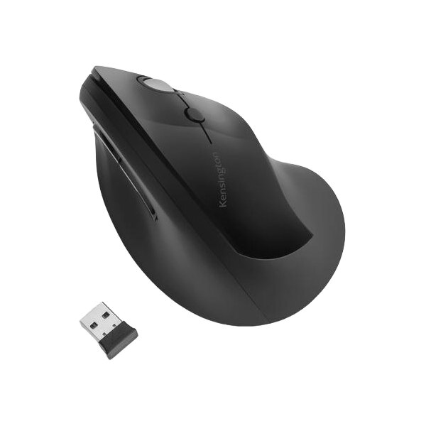 A Kensington Pro Fit black vertical wireless mouse next to a USB stick.