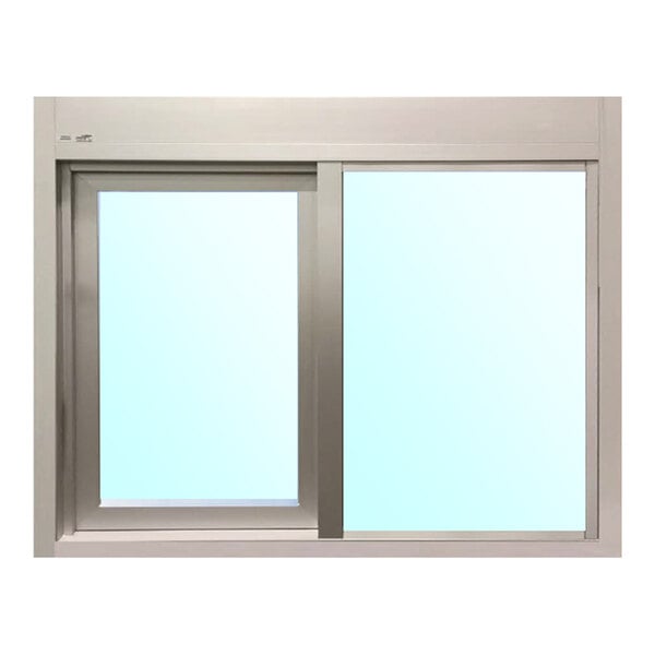 A silver left-to-right manual drive-thru window with two glass panels and a metal frame.