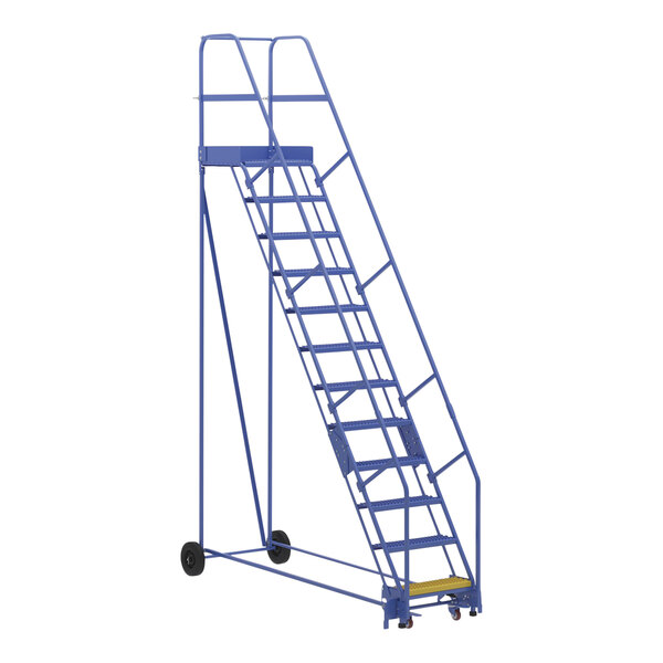 A blue Vestil steel rolling ladder with wheels.