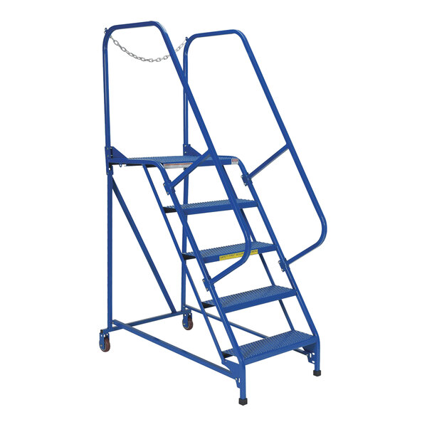 A blue steel Vestil maintenance ladder with perforated steps and five steps.