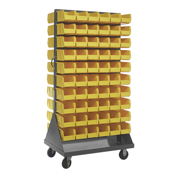A Quantum gray steel mobile double-sided louvered rack with yellow bins on wheels.