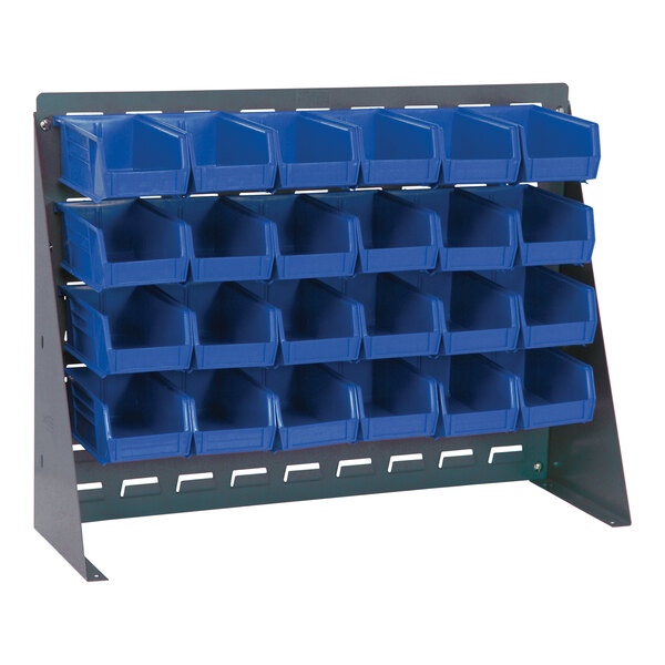 A Quantum gray steel bench rack with blue bins on a louvered panel.