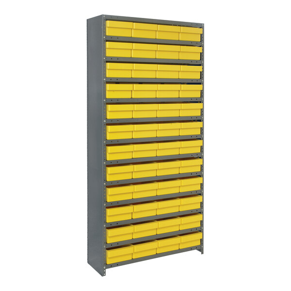 A grey metal Quantum Super Tuff steel shelf with yellow bins.