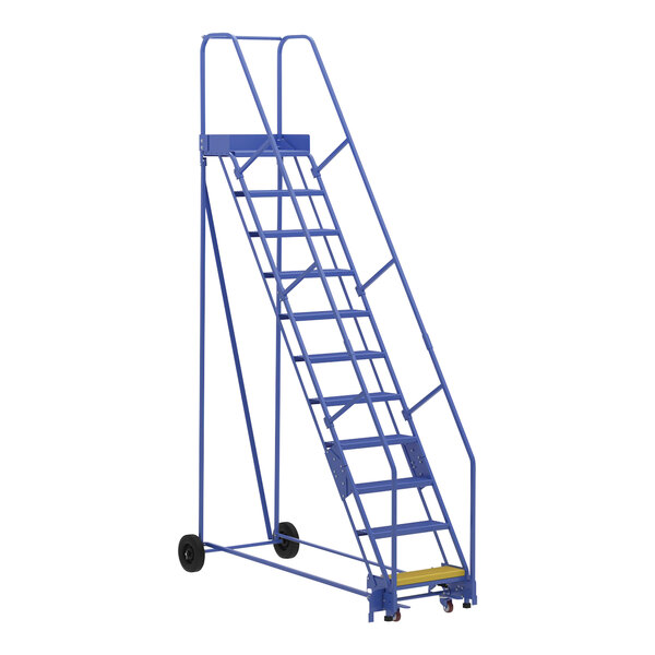 A blue Vestil steel rolling warehouse ladder with wheels.