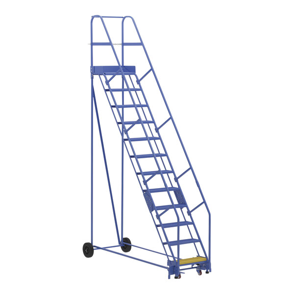 A blue Vestil steel warehouse ladder with wheels.