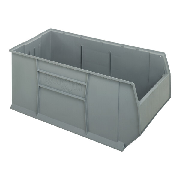 A gray plastic Quantum RackBin container.