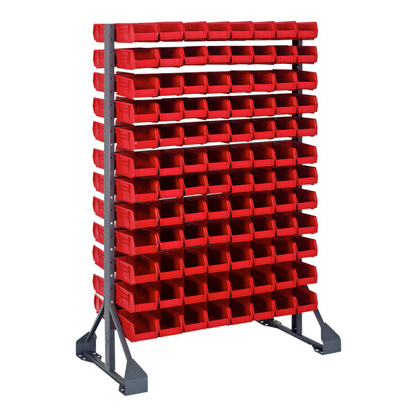 A Quantum gray steel double-sided rail rack with red bins on louvered panels.