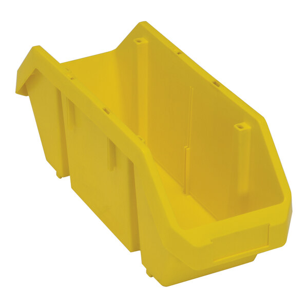 A yellow polypropylene Quantum storage bin with two compartments.