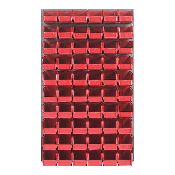 A Quantum gray steel louvered panel with many red bins hanging on it.
