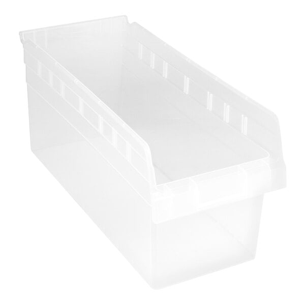 A close-up of a clear Quantum shelf bin.