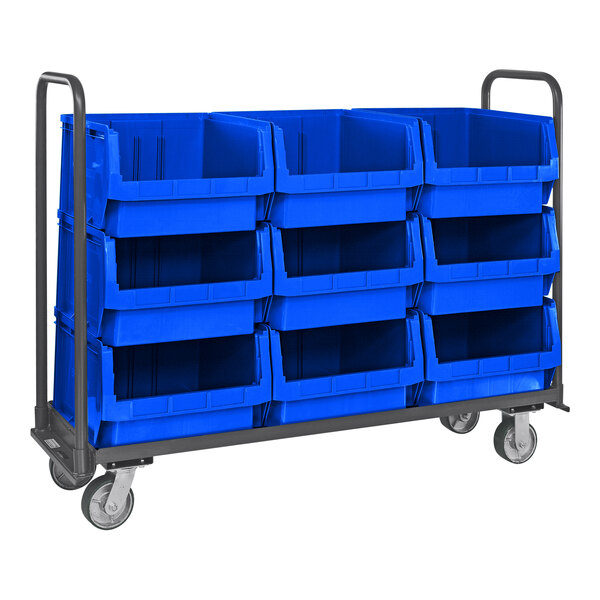 A Quantum blue tote truck with blue bins on it.