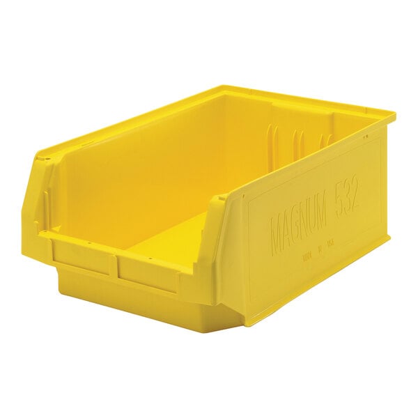 A yellow plastic Quantum storage tote bin with a lid.