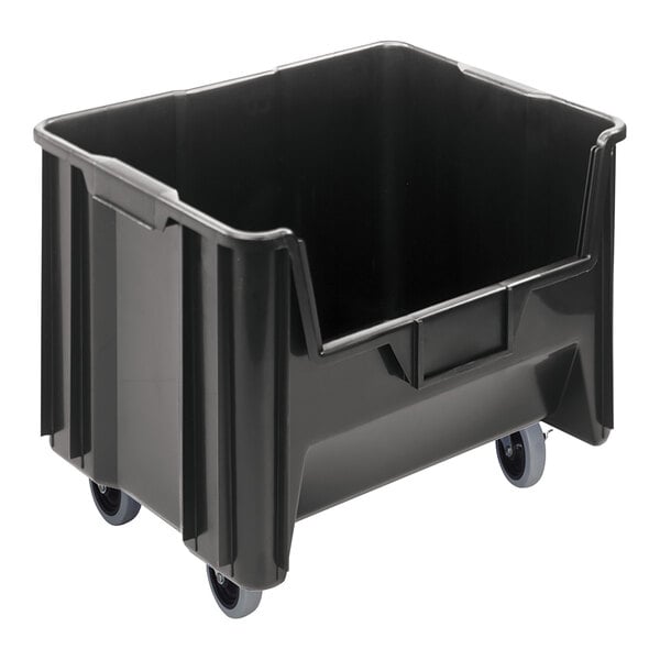 A Quantum black plastic mobile storage container with wheels.