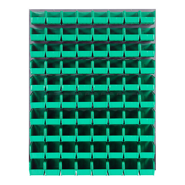 A gray steel louvered panel with green bins on it.