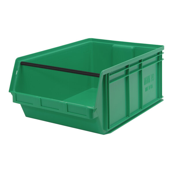 A green plastic Quantum storage tote bin with black handles.