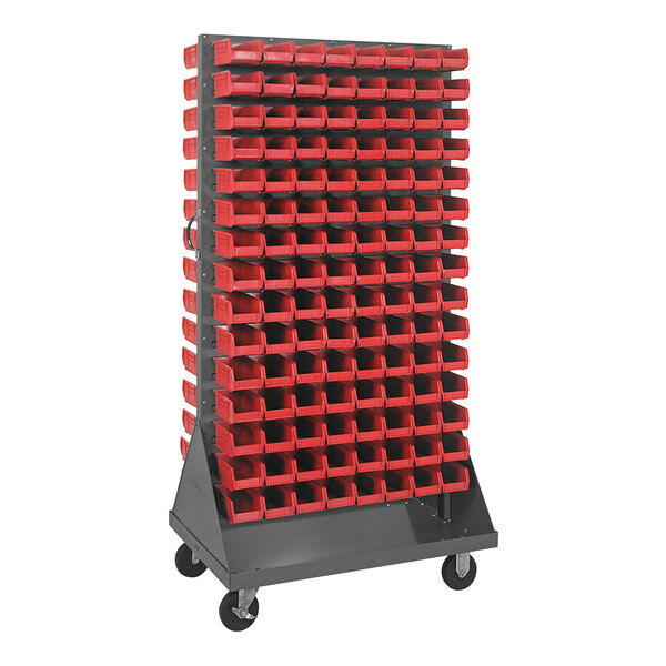 A Quantum mobile steel rack with red bins on both sides.