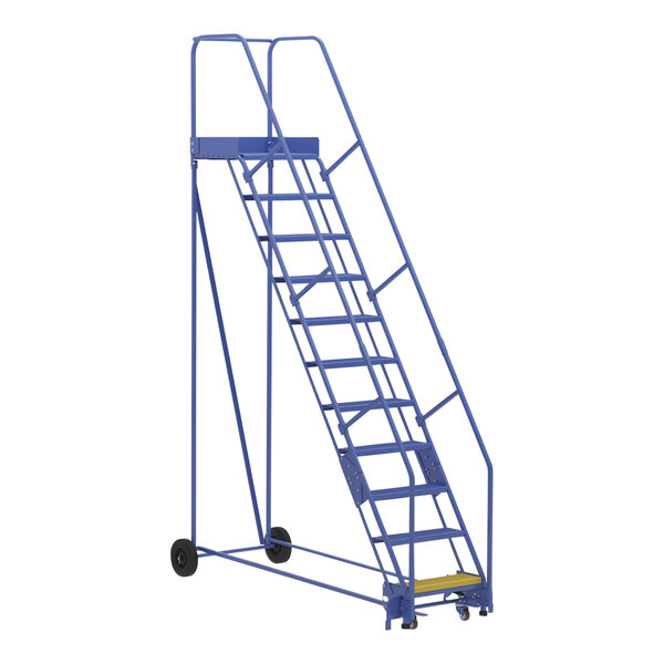 A blue Vestil steel rolling warehouse ladder.