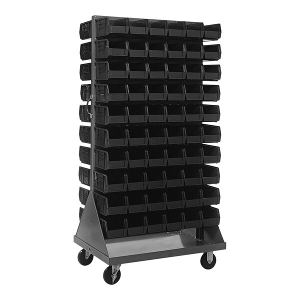 A Quantum gray steel mobile double-sided louvered rack with black bins on it.