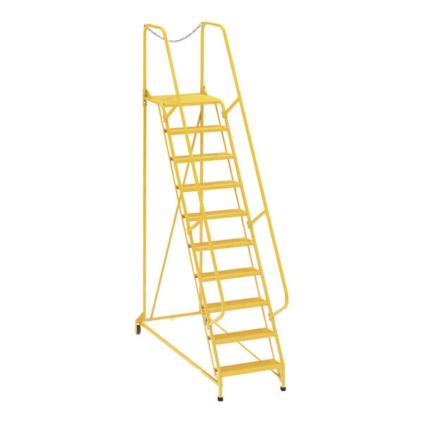 A yellow Vestil steel maintenance ladder with perforated steps.