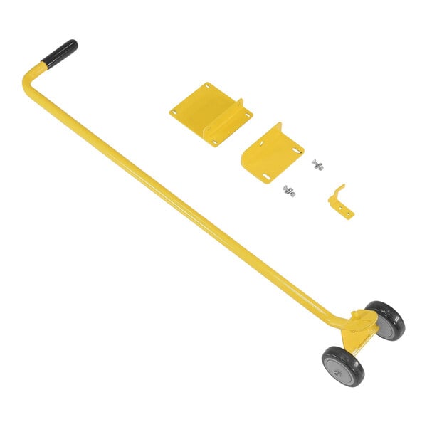 A yellow hand truck with black wheels.