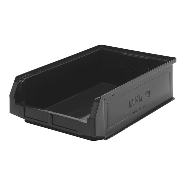 A Quantum black plastic storage tote bin with a clear lid.