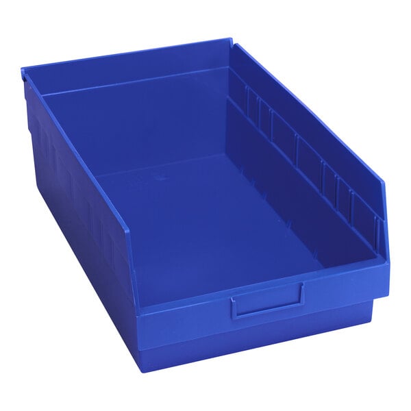 A blue plastic Quantum shelf bin with a lid.
