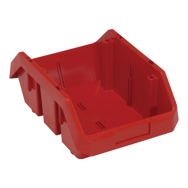 A red Quantum storage bin with two compartments.