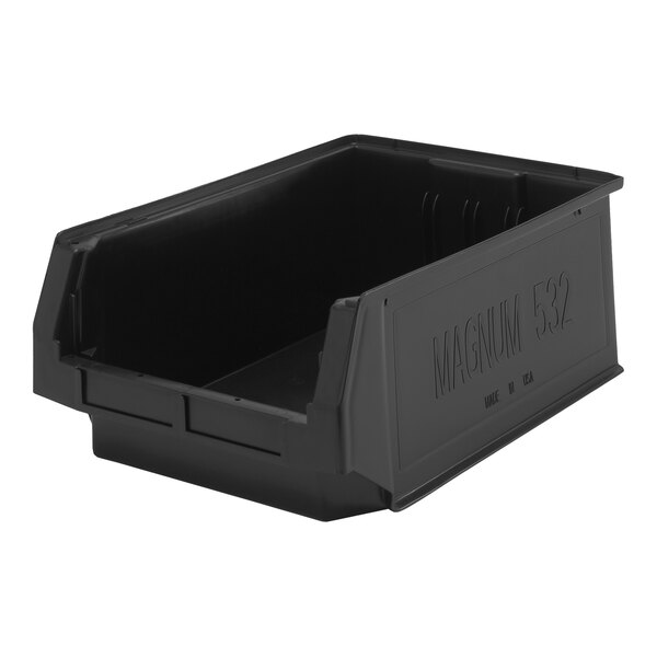 A Quantum black plastic storage tote bin with a lid.