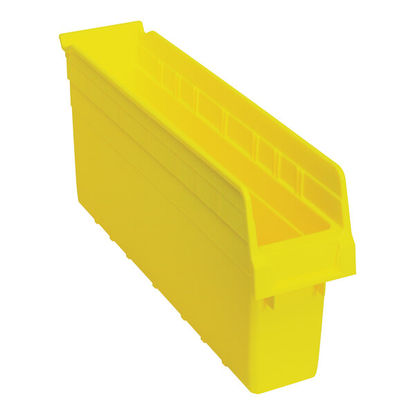 A yellow plastic Quantum STORE-MAX shelf bin with two compartments.