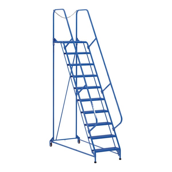 A blue Vestil steel maintenance ladder on wheels.