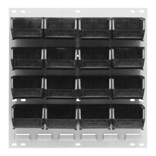 A white steel louvered panel with black bins on it.