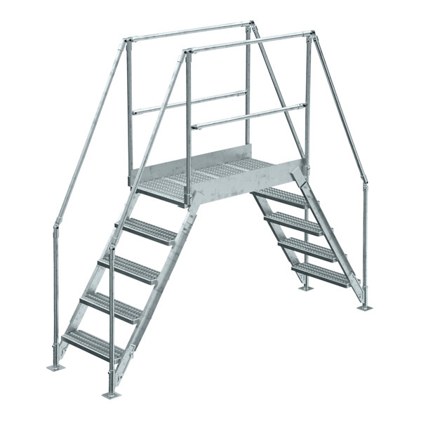 A Vestil galvanized steel crossover ladder with handrails and steps.