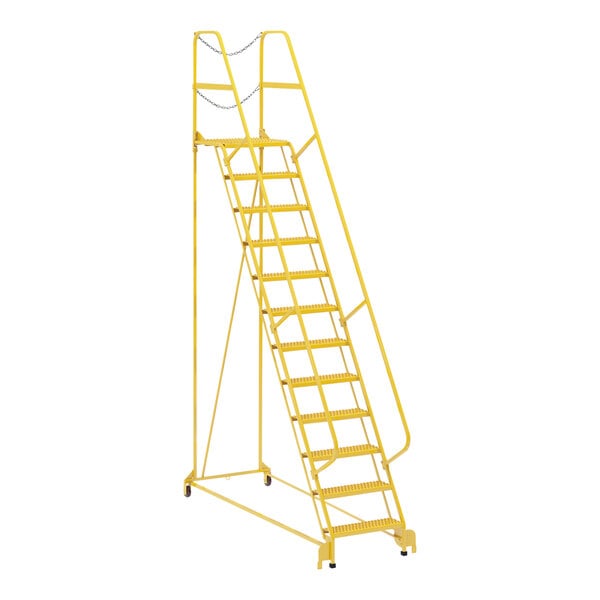 A yellow steel ladder with grip strut steps.